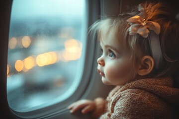 Curious baby gazing out of an airplane window during flight