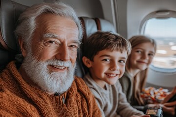Grandfather traveling with his grandchildren, seated comfortably on an airplane