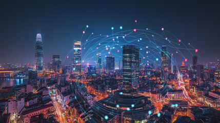 Fototapeta premium Smart digital Innovation city with connection network reciprocity over the cityscape. of future smart wireless digital city and social media networking systems that connects people with in city