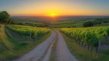 Fototapeta premium Scenic sunset over vineyard with dirt road.