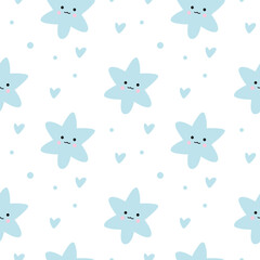 Pattern of light blue stars with smiling faces, small pink cheeks, and black eyes and mouths, scattered among small light blue hearts and dots.