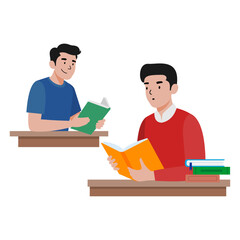 vector illustration image of a group of students reading books in the library
