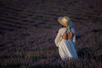 Lavender Field Woman Dress: Sunset Provence France, summer, photography; woman admires scenic purple blossoms.