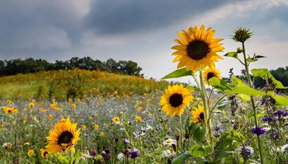 Sunflowers towering over smaller wildflowers in a meadow