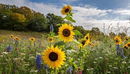 Sunflowers towering over smaller wildflowers in a meadow