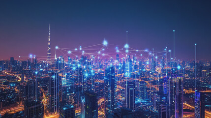 Fototapeta premium Smart digital Innovation city with connection network reciprocity over the cityscape. of future smart wireless digital city and social media networking systems that connects people with in city