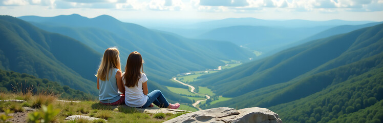 Two Girls Sit And Rest On A Mountain Peak, Taking In The Breathtaking View Of The Green Valley Below. 00003