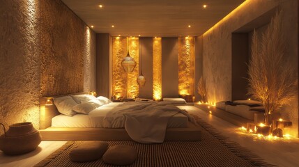 Obraz premium A peaceful bedroom with golden ambient lights, textured walls, and natural elements throughout