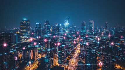 Fototapeta premium Smart digital Innovation city with connection network reciprocity over the cityscape. of future smart wireless digital city and social media networking systems that connects people with in city