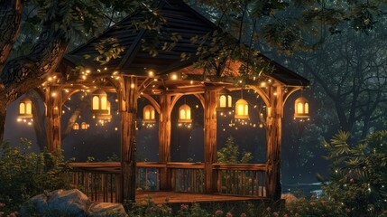 Fototapeta premium A wooden gazebo softly lit by hanging lanterns in a forest