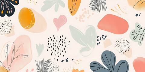 Abstract pastel floral pattern background with hearts, leaves, and organic shapes.