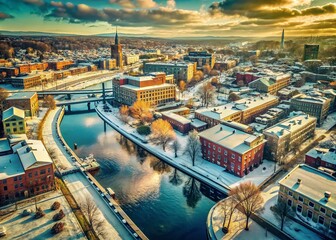 Obraz premium Lowell Massachusetts Aerial Winter Vintage Photograph - Early Winter Cityscape