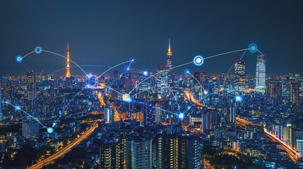 Fototapeta premium Smart digital Innovation city with connection network reciprocity over the cityscape. of future smart wireless digital city and social media networking systems that connects people with in city