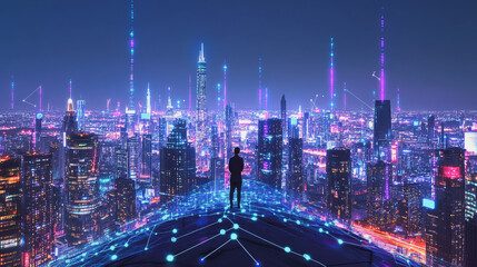 Obraz premium Smart digital Innovation city with connection network reciprocity over the cityscape. of future smart wireless digital city and social media networking systems that connects people with in city