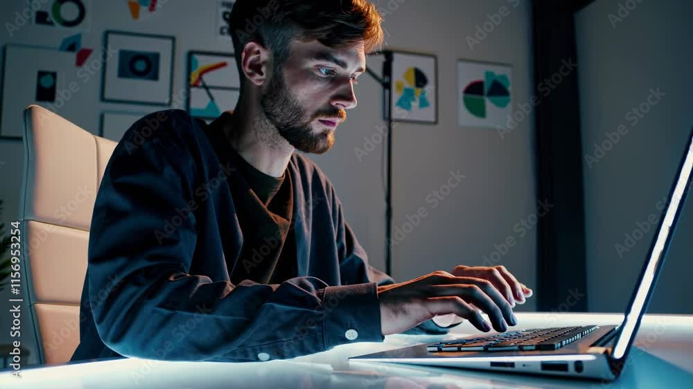 Poster Programmer works late at night with futuristic display and coding interface in modern workspace