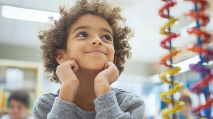 Child engaged in creative thinking during classroom activity in bright learning environment