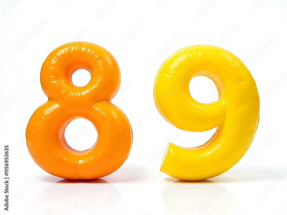 Poster two colorful fruits, orange number 8 and lemon number 9, isolated against a clean white background f