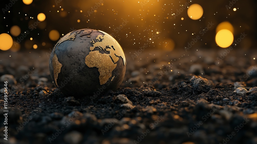 Poster visual representation of a globe on earth with abstract elements and warm light
