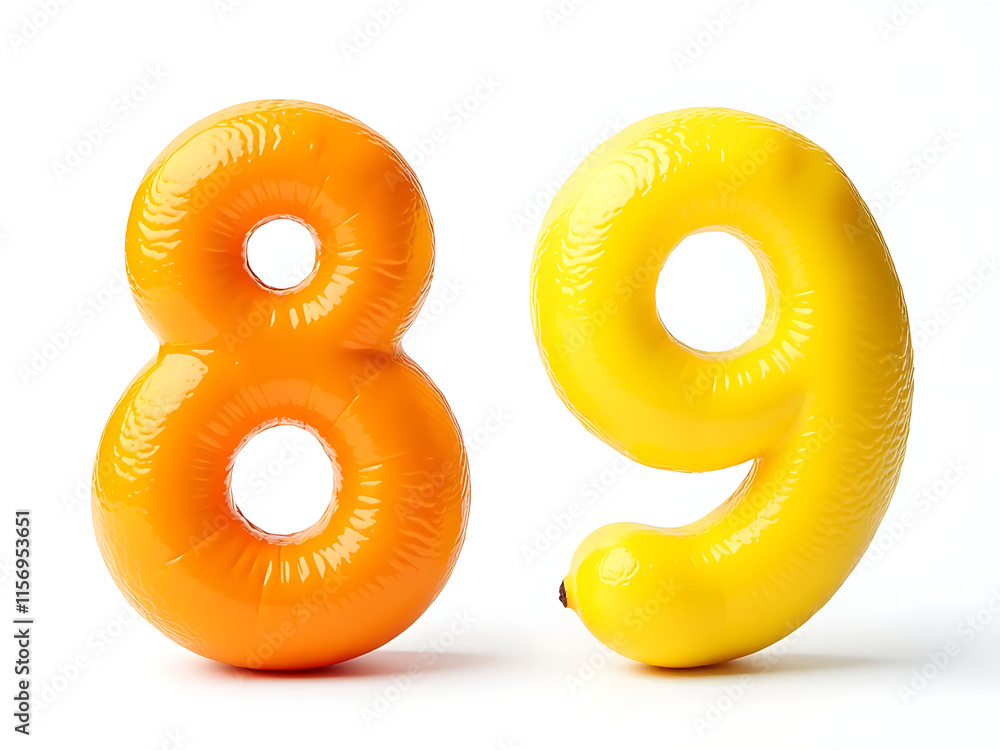 Poster two colorful fruits, orange number 8 and lemon number 9, isolated against a clean white background f