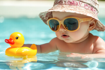 Caucasian baby enjoying pool time with yellow rubber duck and sunglasses