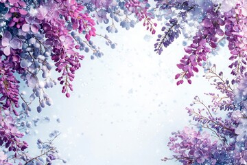 Fototapeta premium Delicate Floral Frame with Purple Flowers and a Soft Blue Background, Perfect for Holiday Greetings, Invitations, or Christmas-Themed Designs, Evoking a Magical Atmosphere