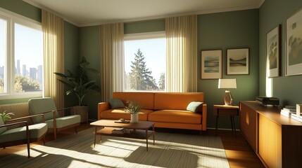 Fototapeta premium Vintage 1950s Living Room with Modern Aesthetic in Bright Natural Light