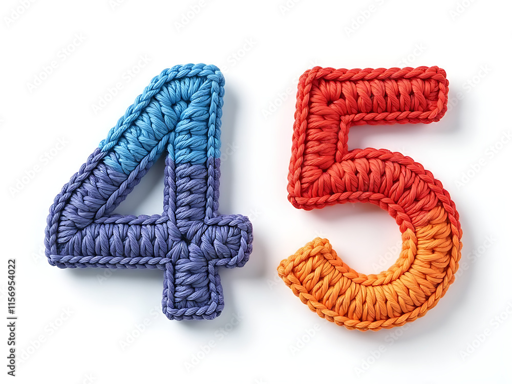 Poster two colorful crochet and knitted numbers 4 and 5 isolated against a clean white background for easy 