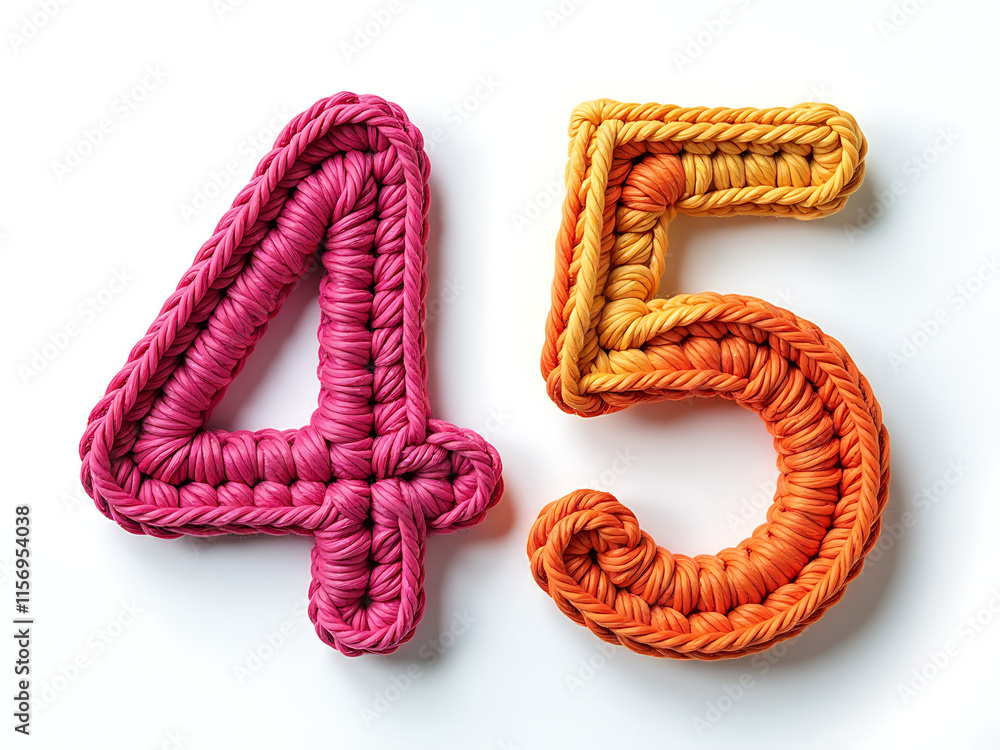 Poster two colorful crochet and knitted numbers 4 and 5 isolated against a clean white background for easy 
