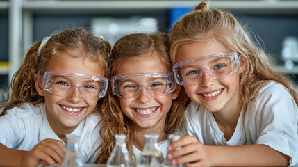 Obraz premium Three smiling girls in safety goggles pose together with lab equipment, showcasing a fun science experiment in a bright, cheerful classroom.