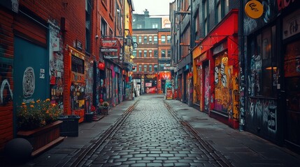 Fototapeta premium Cobblestone alleyway, graffitied buildings, urban art.