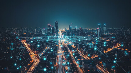 Obraz premium Smart digital Innovation city with connection network reciprocity over the cityscape. of future smart wireless digital city and social media networking systems that connects people with in city