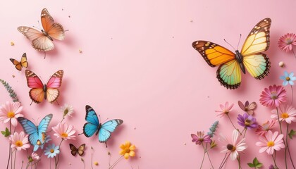 Colorful butterflies and flowers on a pink background