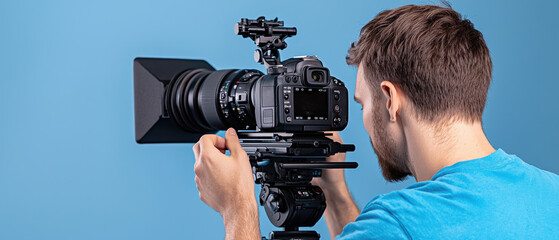 A man sets up a professional camera on a tripod against a blue background, preparing for a photography or filming session.
