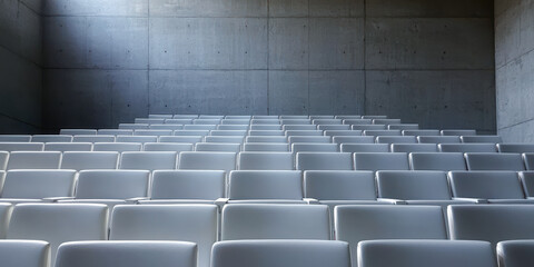 Fototapeta premium A minimalist interior featuring rows of white seats in a concrete auditorium, emphasizing simplicity and modern design.