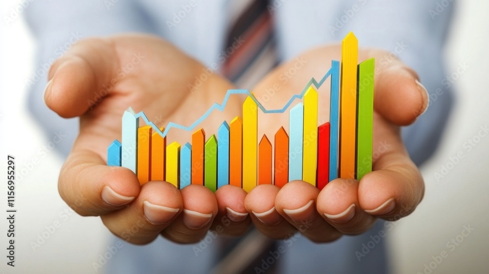 Poster hands holding colorful graphs and charts symbolizing growth and data