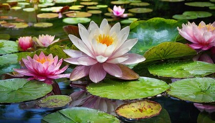 Lotus flowers floating on a tranquil pond with a Zen-like atmosphere