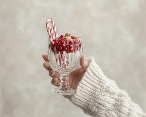 A hand in a wool sweater holding a cup with pomegranate.