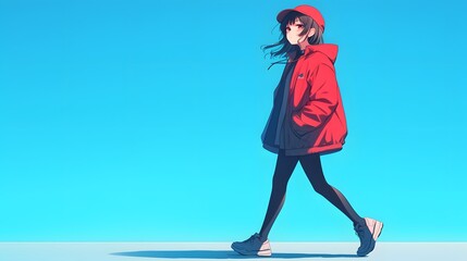 An anime character walking with a relaxed posture against a soft gradient background
