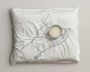 A coffee cup rests on a white pillow in bed, creating a cozy, minimalistic, and playful scene with a serene vibe.