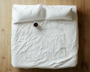 Obraz premium A white bed features minimalistic line art of a person and a cup of coffee resting on the sheets.