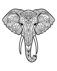 Elephant animal coloring page for adults black and white vector illustration