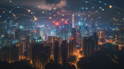Obraz premium Smart digital Innovation city with connection network reciprocity over the cityscape. of future smart wireless digital city and social media networking systems that connects people with in city