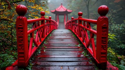 A serene red bridge leads to a pagoda surrounded by misty forest, creating a tranquil and picturesque scene of nature and architecture.