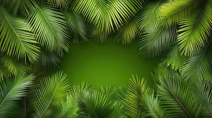 Tropical green palm tree leaves create a border on a textured surface, providing a vibrant and fresh backdrop for summer-themed text