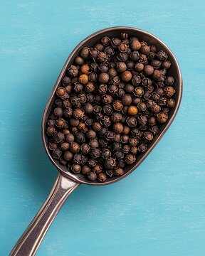 A close-up of a tablespoon filled with dark peppercorns against a vibrant turquoise background.