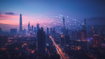 Fototapeta premium Smart digital Innovation city with connection network reciprocity over the cityscape. of future smart wireless digital city and social media networking systems that connects people with in city
