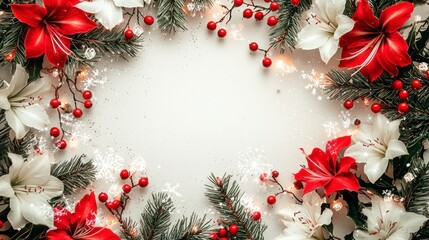 Festive Christmas Border Featuring Red and White Flowers, Holly, and Ornaments, Perfect for Holiday Greetings and Seasonal Decorations in a Cyberpunk Style