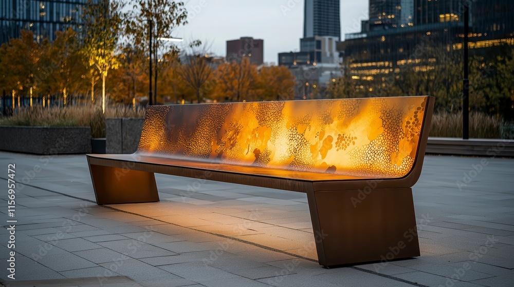 Poster abstract blending of light and form on a modern bench in urban setting 89 characters