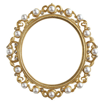 Elegant oval frame with pearl embellishments, Isolated on transparent background cut out