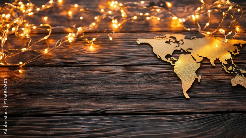 Poster golden world map overlay with delicate string lights on dark wooden background